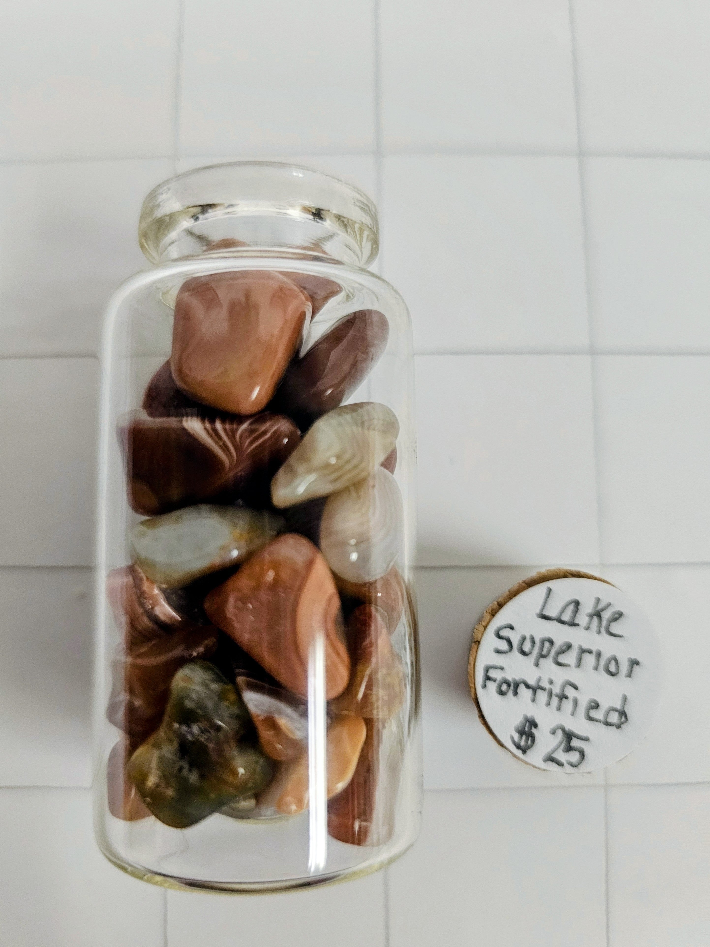 Lake Superior Fortified Agates in a jar